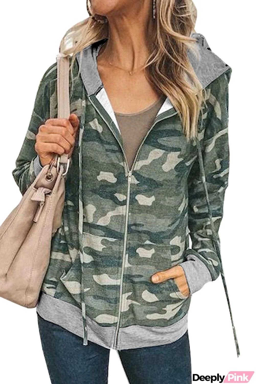 Camouflage Zipper Pocketed Drawstring Cotton Hoodie