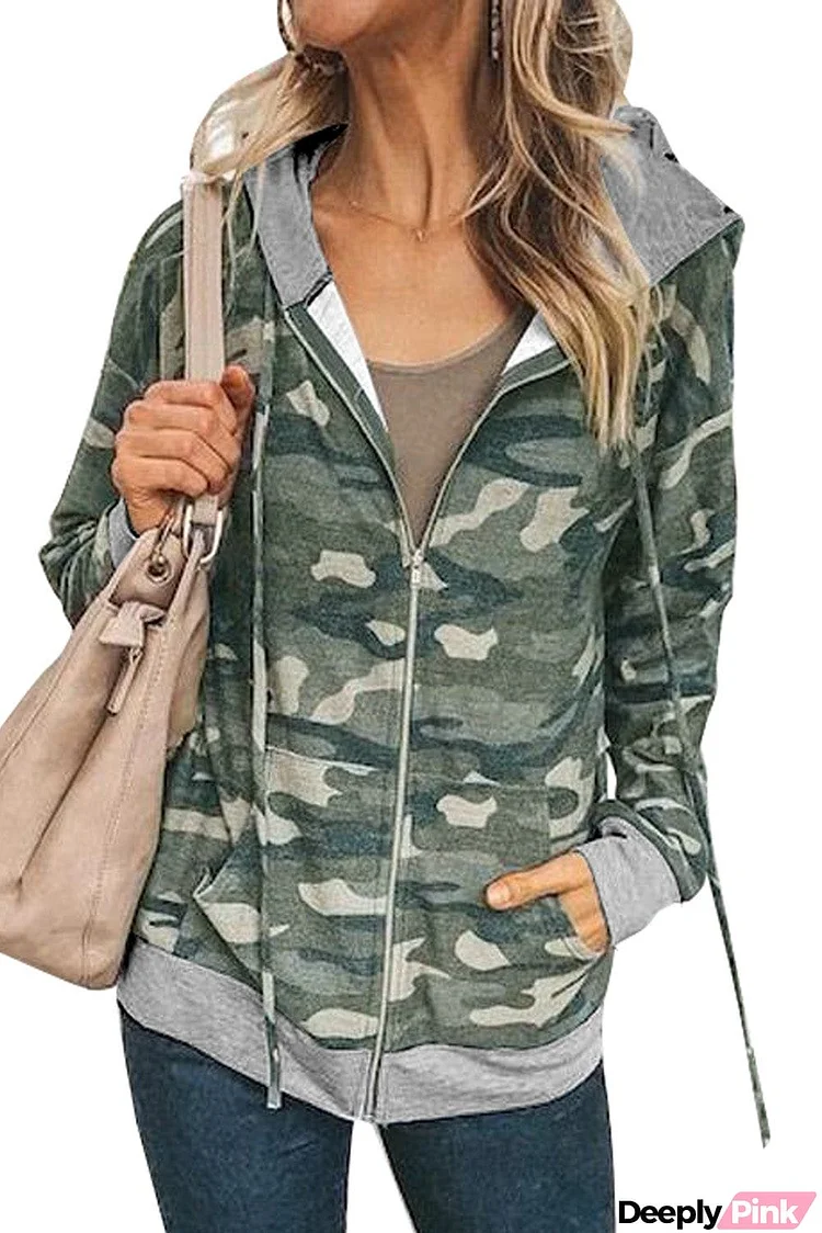 Camouflage Zipper Pocketed Drawstring Cotton Hoodie