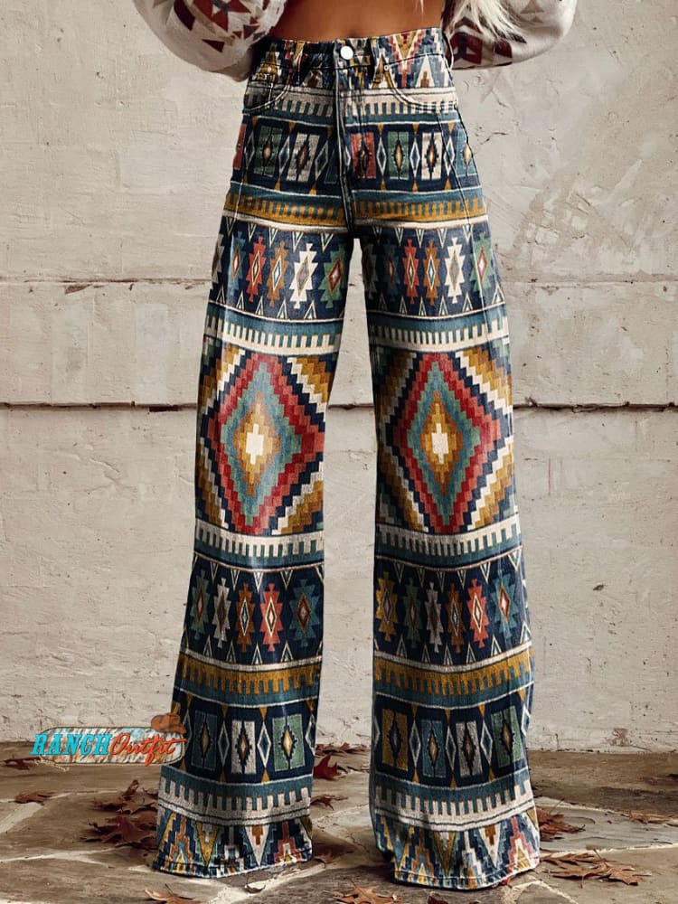 Women’s Vintage Geometric Pattern Print Casual Wide Leg Pants Multicolor / S