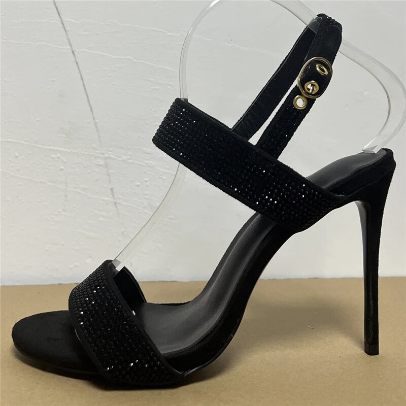 VCSHOES Jeweled Rhinestone Ankle Strap Sandals Women 10cm Stiletto Heel Suede Open Toe Shoes