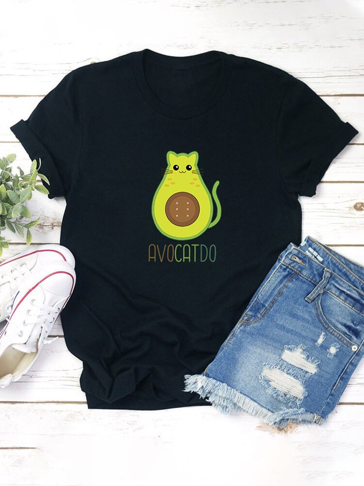 Cartoon Cat Avocado Printed Letter Short Sleeve T shirt P1666301