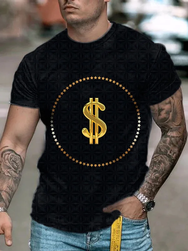 Men's fashionable casual gold coin printed short sleeve T-shirt.jpg