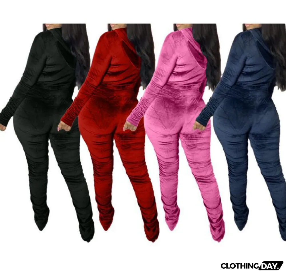Velvet Pleated Zipper Hooded Jacket Skinny Pants Suit