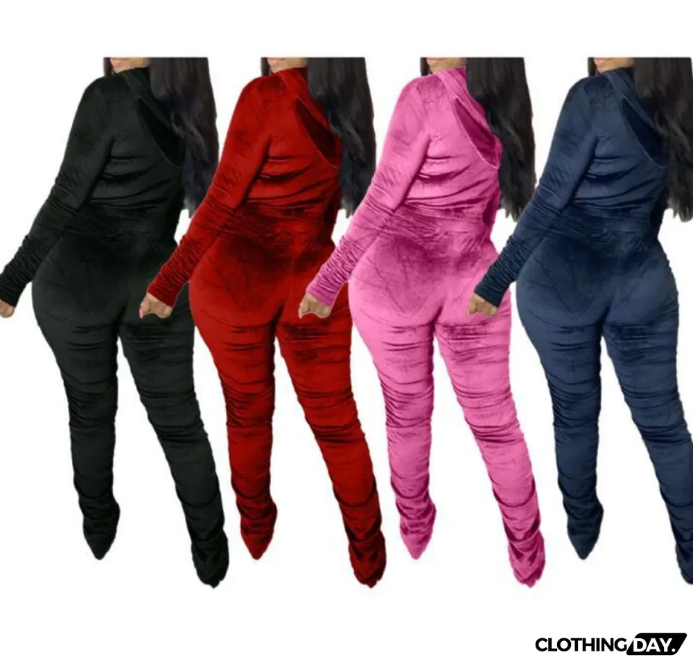 Velvet Pleated Zipper Hooded Jacket Skinny Pants Suit