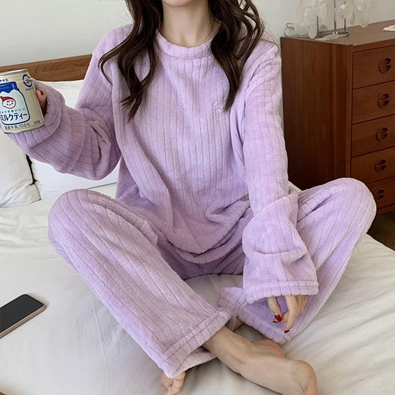 Winter Warm Women Pajamas Set Flannel Pajamas Homewear Sweatshirt Hoodies Thick Female Sleepwear Plush Pyjamas Suit Solid Color