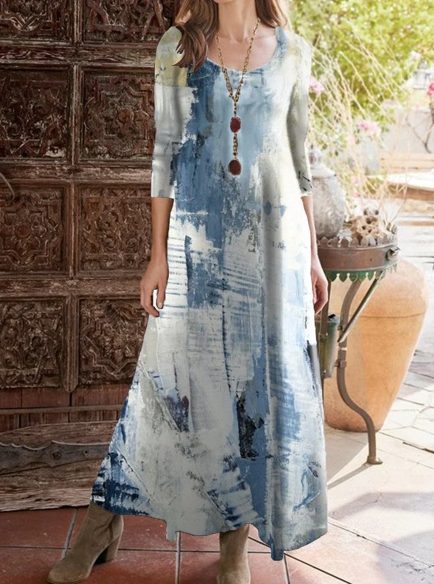 O-Neck Long-Sleeved Retro Oil Paint Brush Print Maxi Dress