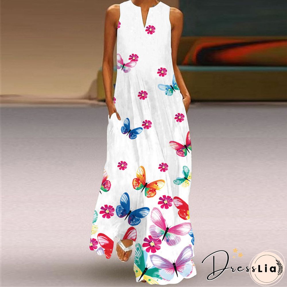 New Fashion Print Summer Dress Casual Sexy Boho Beach Women Party V-neck Sleeveless Pocket