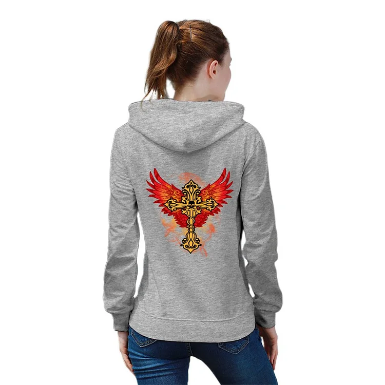 Women's Hoodie Sweatshirt Cross Skull Phoenix Wings  customized, personalized, gift