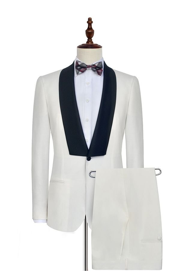 Black One Button Modern White Wedding Suits for Men Knife Collar Wedding Tuxedos | Ballbellas Ballbellas