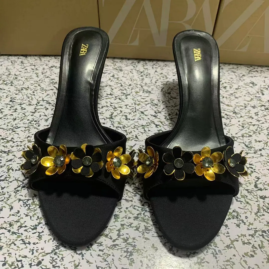 Breakj Breakj Home 2025 New Cow Skin Flowers Exposed Toe And Cool Slippers Outside Wearing High Heels Sandals Women