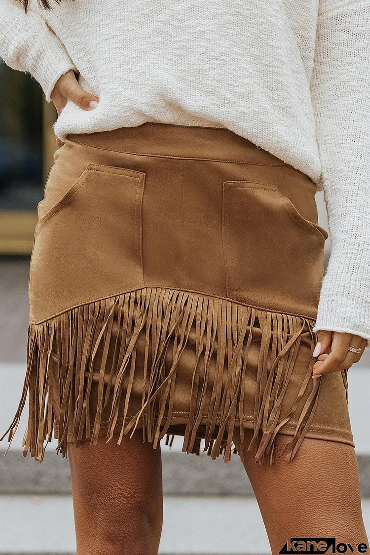 Fringe Detail Zip-Back Skirt with Pockets