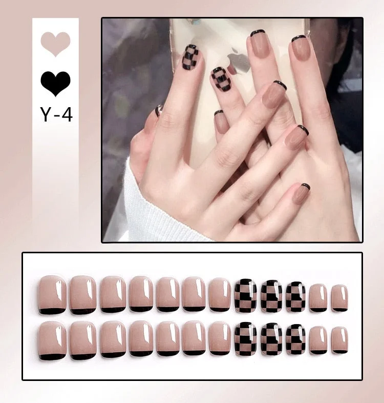 Coffin Square Checkerboard Press on Nails Short Fake Nails Black and White Acrylic Lattice Design Acrylic Nails Glue Decorations-Nail Inspo