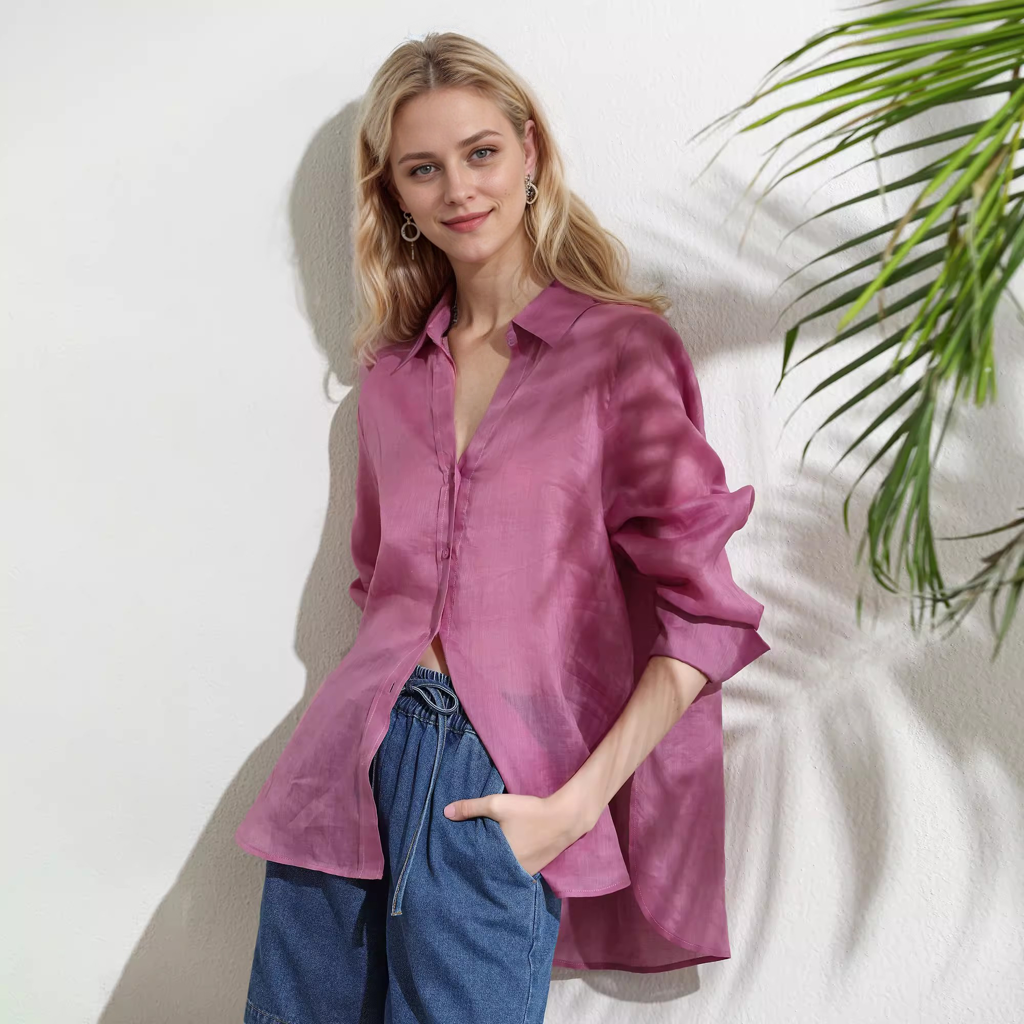 Ramie Long-sleevess Shirt Light Fashion Light Green REAL SILK LIFE