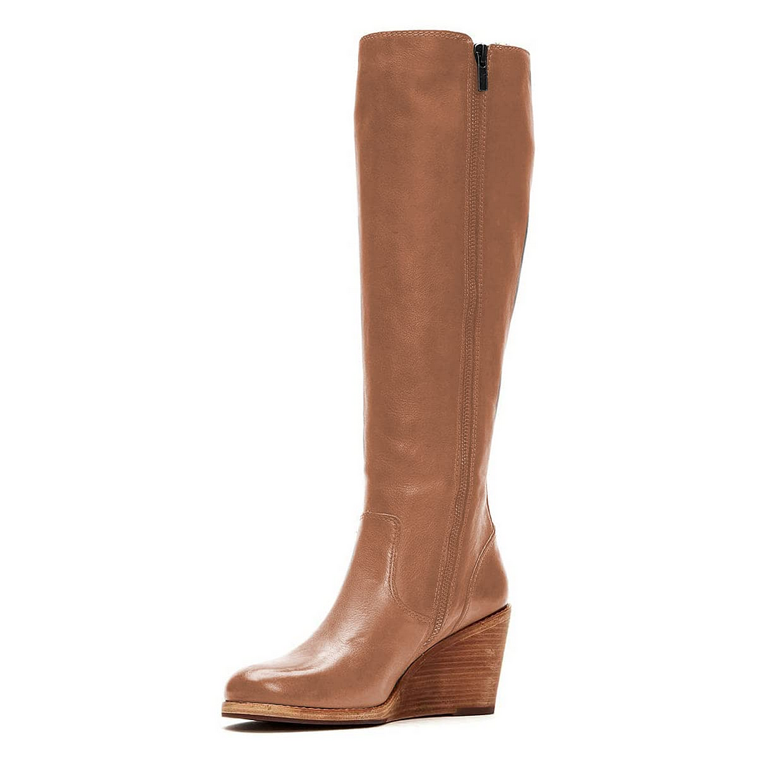 Brown Leather Pointed Toe Boots Zipper Wedge Heels Nicepairs