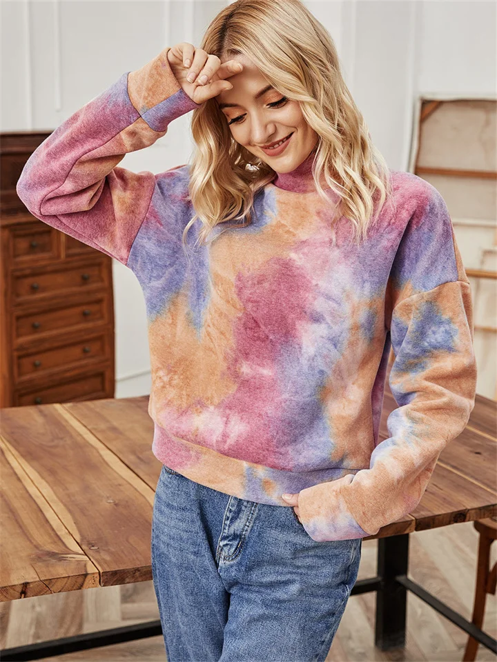 Long-sleeved High-neck Tie-dye Sweater Women's Fashion Youth Outside Loose Tops T-shirt