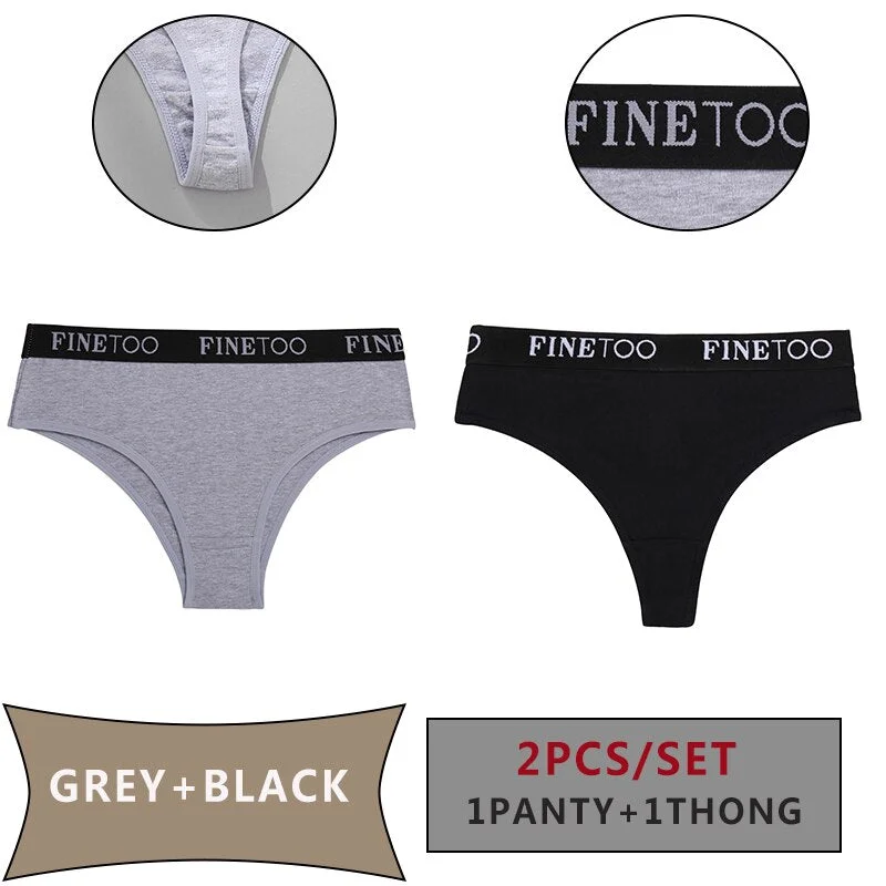FINETOO 2PCS/Set Women Cotton Panties Sexy Letter Underwear Panty Thong Low Waisted 1Panty+1G-string Brief Tanga Lingerie Femme