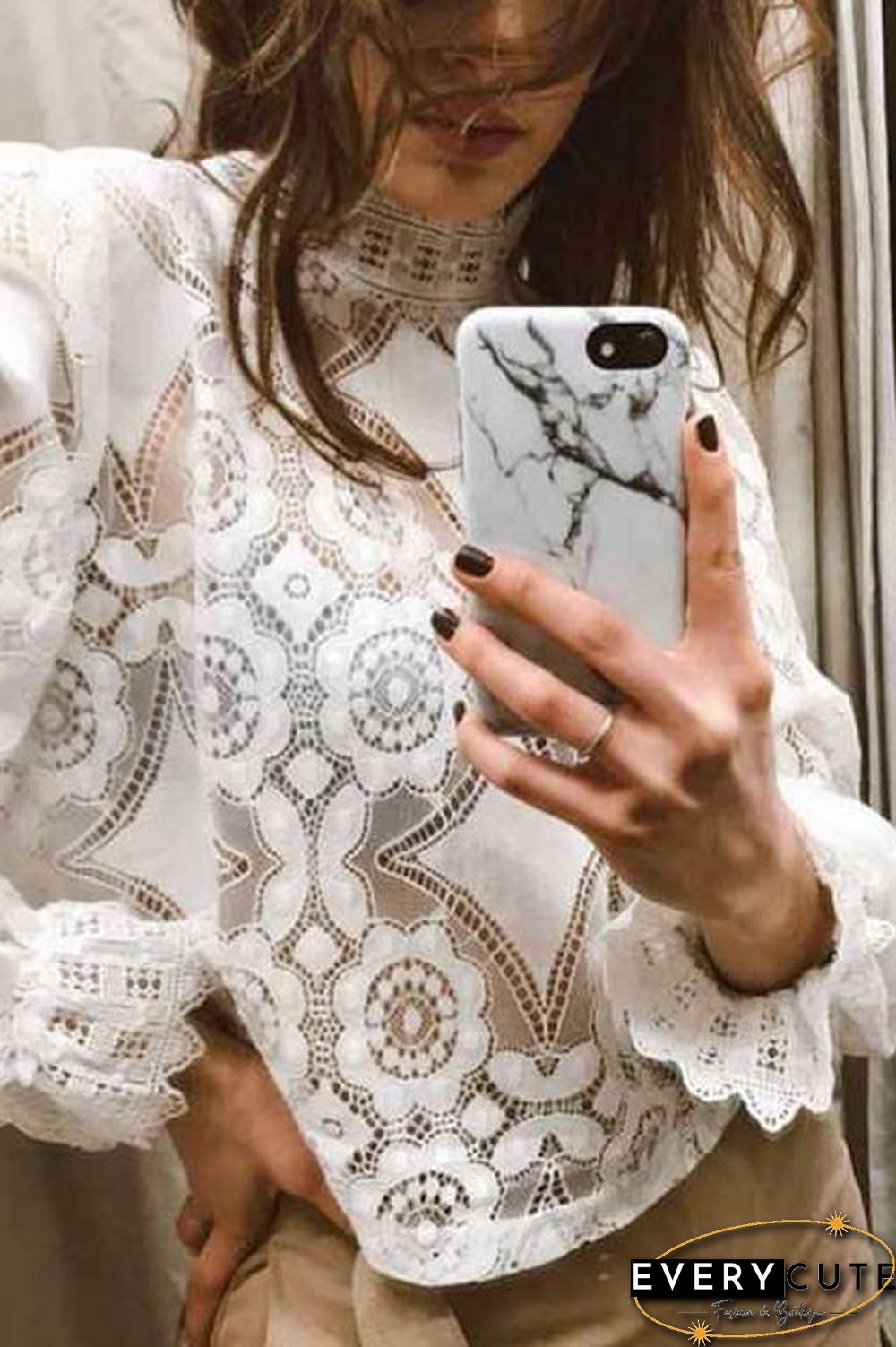 Lace Hollow Puff Sleeve T Shirt