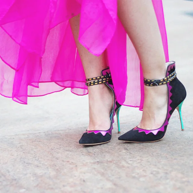 Women's Black Pointed Toe  Stiletto Ankle Strap Heels Shoes |FSJ Shoes