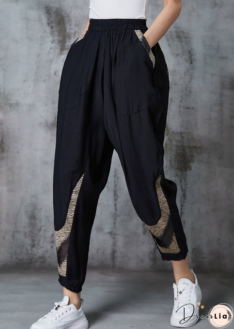 Khaki Tie Dye Cotton Harem Pants Oversized Pockets Spring