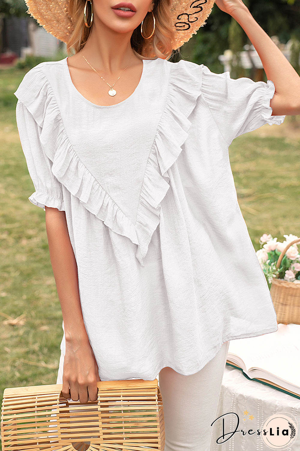 Elegant Solid Split Joint Flounce O Neck T-Shirts