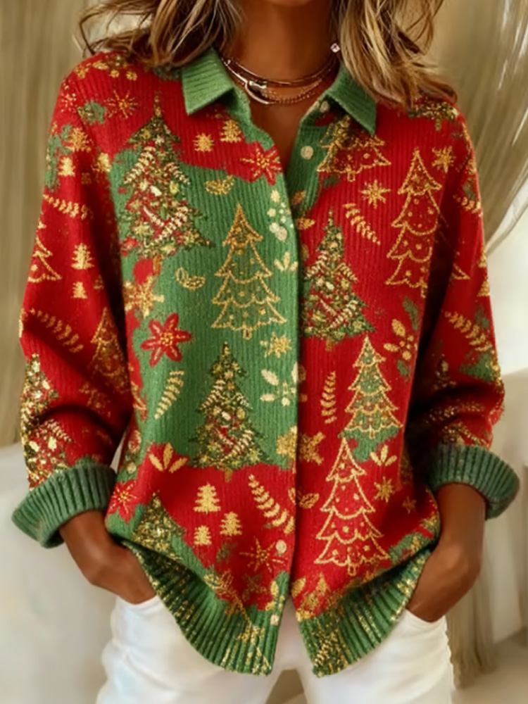 Women's Retro Christmas Print Casual Cardigan elevenforest