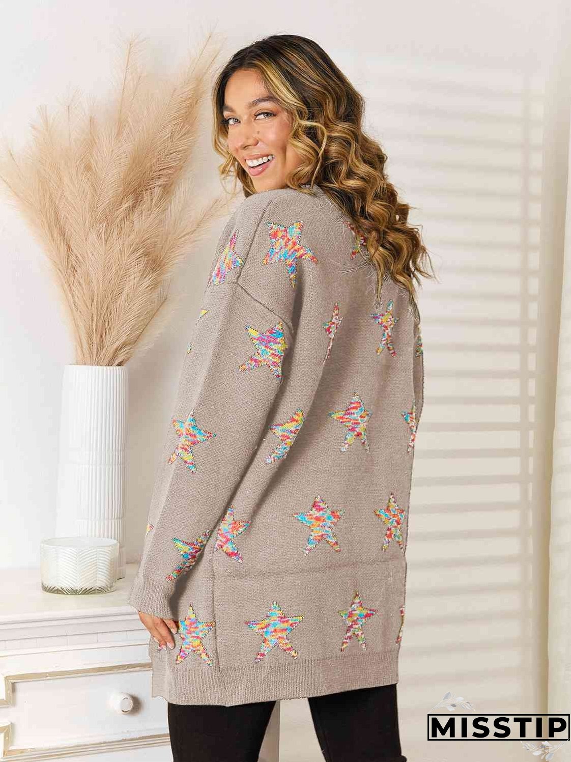 Star Pattern Open Front Cardigan with Pockets