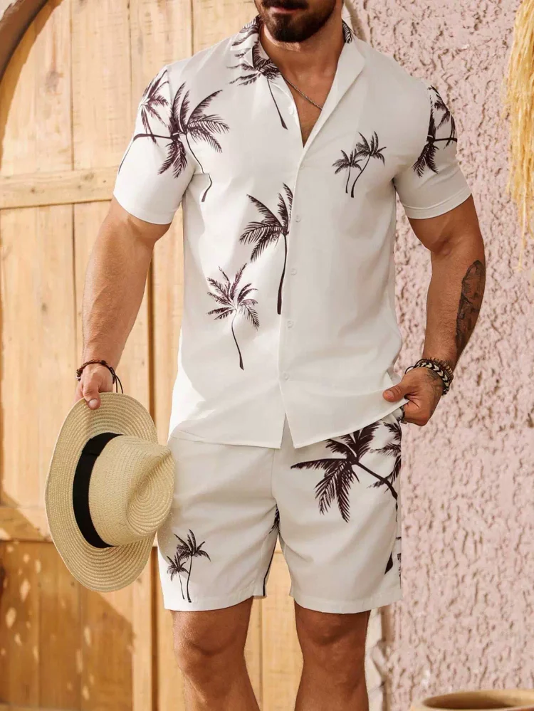 Men's Classic Casual Striped Digital Print Cuban Collar Shirt Shorts Two-Piece Set
