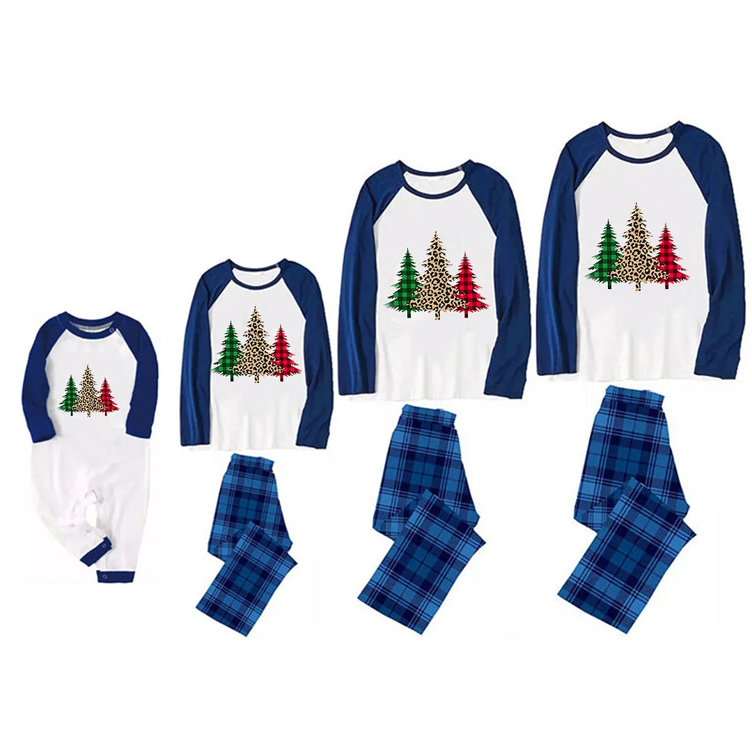 Family Christmas Shirts Buffalo Plaid Christmas Tree Patterned Casual Long Sleeve Sweatshirts Contrast Blue & White Top and Black and Blue Plaid Pants Family Matching Pajamas Sets