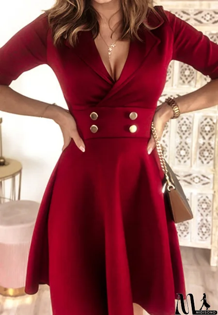 MidiSono - Solid Color Slim Women'S Short Sleeved Dress