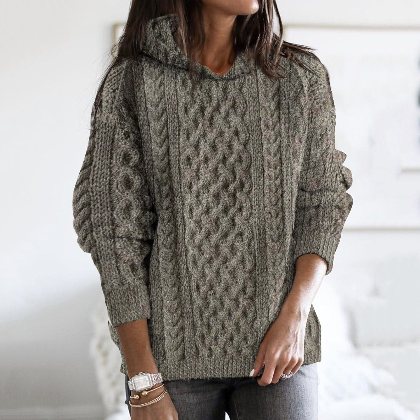 Women's Thick Knit Clan Linen Hooded Aran Sweater wearshes