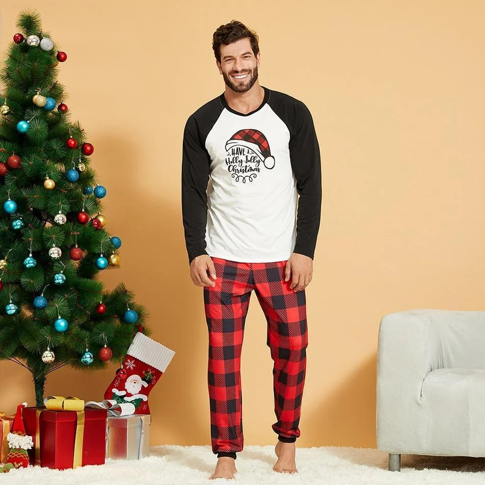 Family Matching Plaid Christmas Hat Print Pajamas Sets
