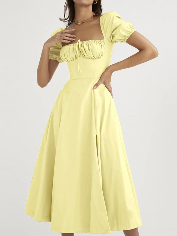 Jacqueline 2022 Puff Sleeve Midi Floral Dress Women Retro Elegant Sexy Split Sundress Casual Ruched Drawstring Dresses Summer