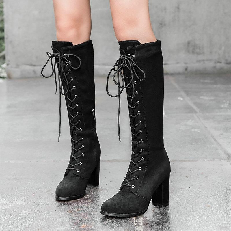 Women lace-up chunky high heel combat boots riding boots