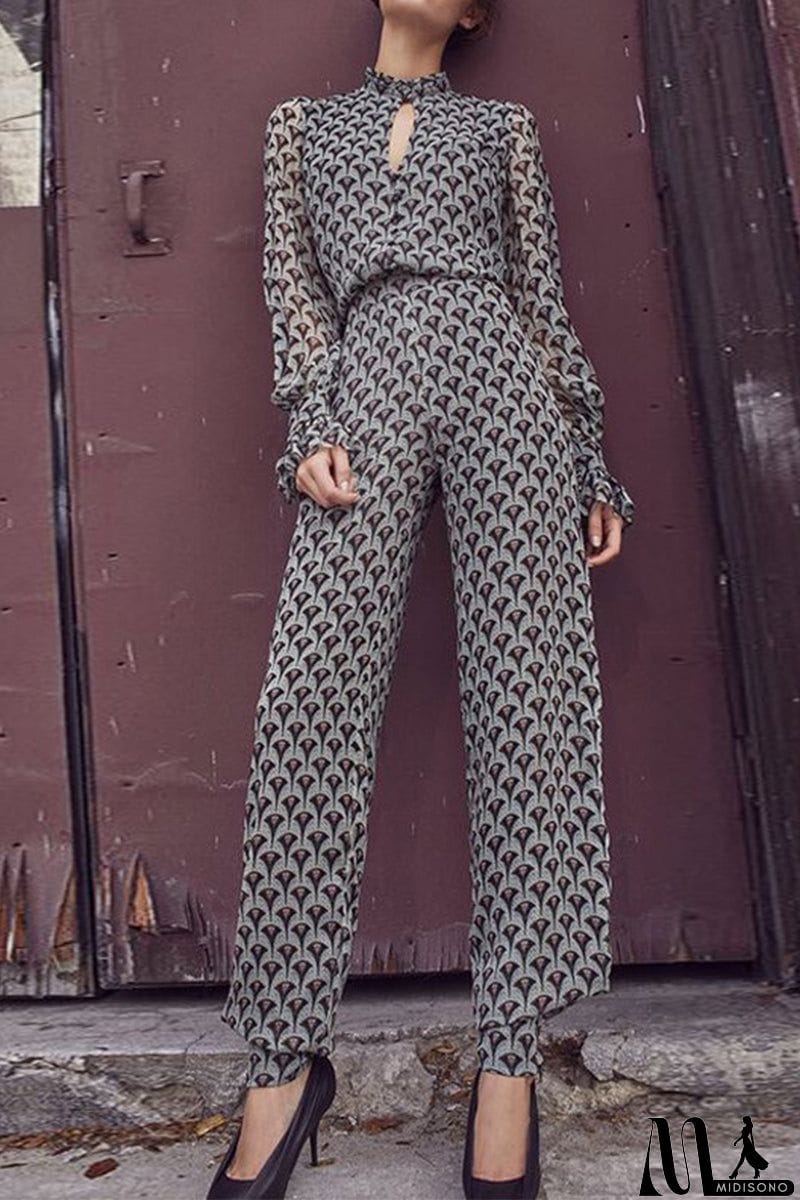 MidiSono - Casual Print Printing Half A Turtleneck Straight Jumpsuits