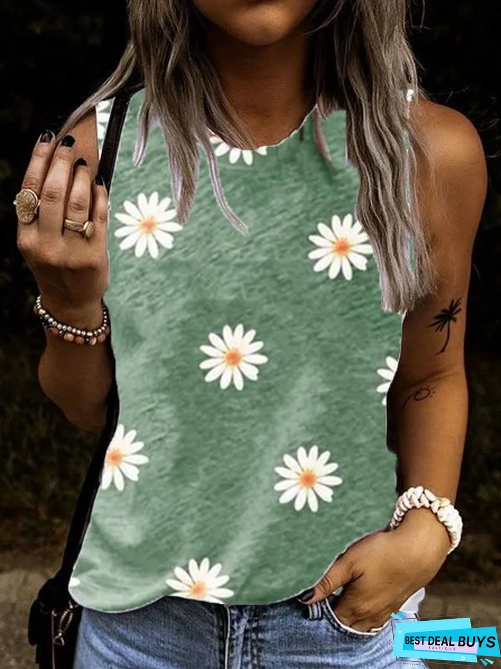 Crew Neck Sleeveless Floral-Print Casual Tops