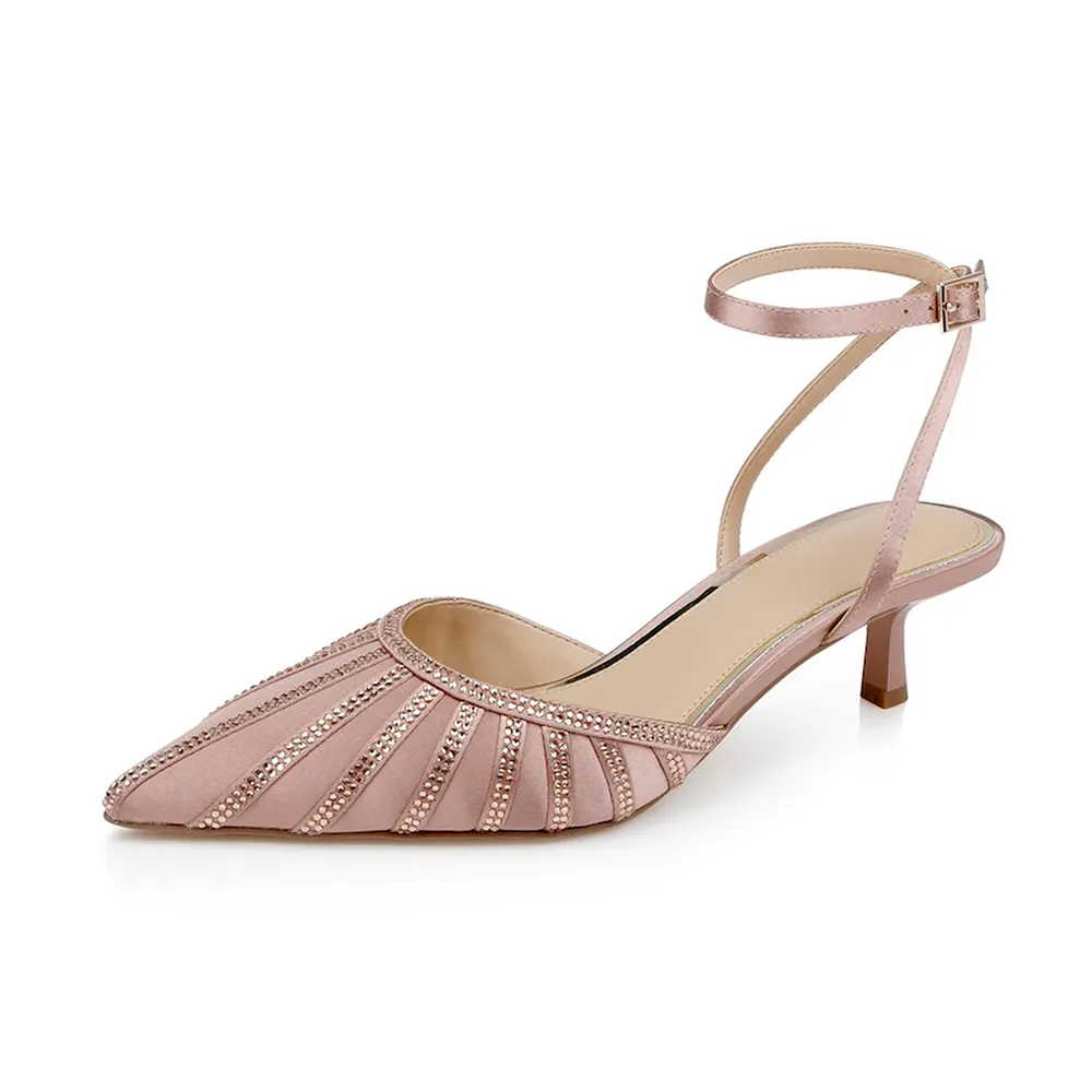 Light Pink Satin Ankle Strap Pointed Toe Rhinestone Kitten Heels Nicepairs