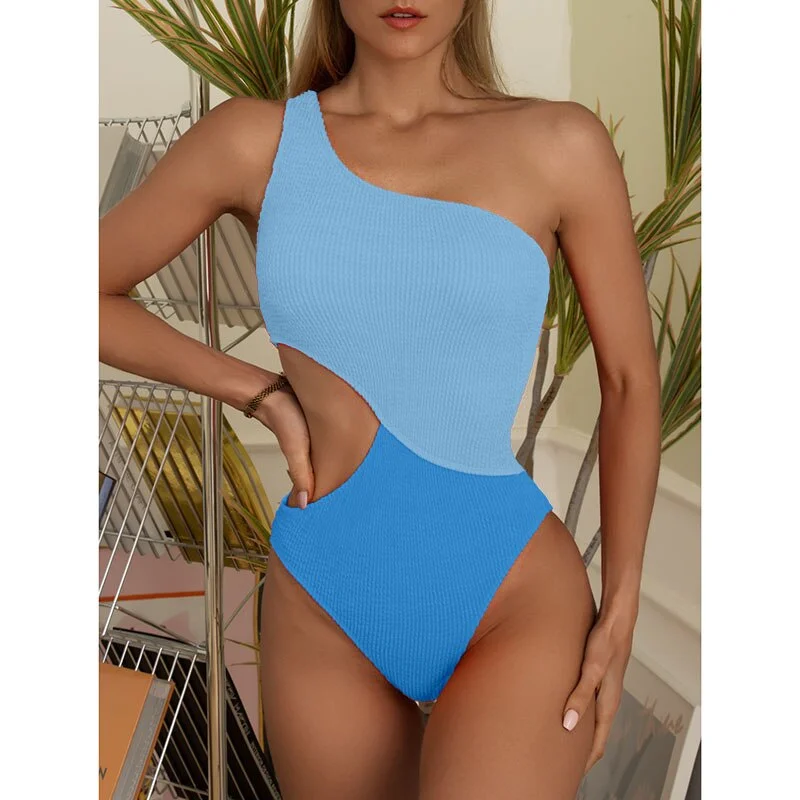 INGAGA Cut Out Sexy One Piece Swimsuits One Shoulder Swimwear Women Ribbed Monokini Solid Bodysuits Women High Cut Bathing Suits