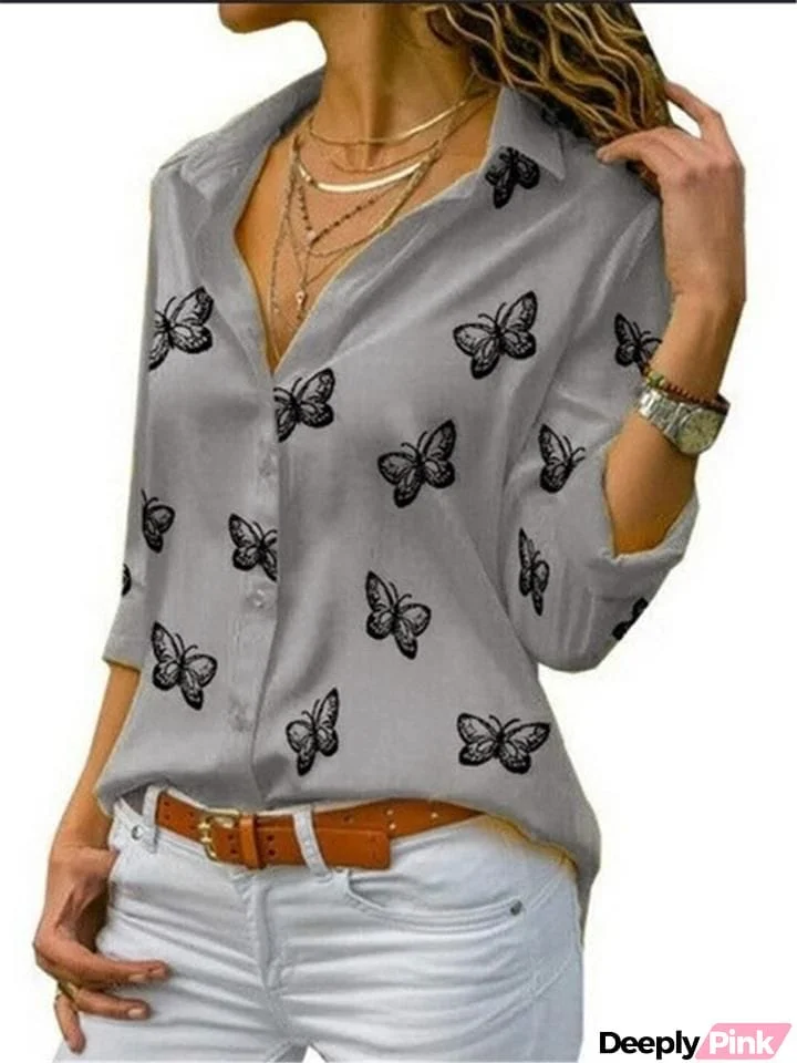 Flowy Button Up Butterfly Printed Lapel Collar Blouse