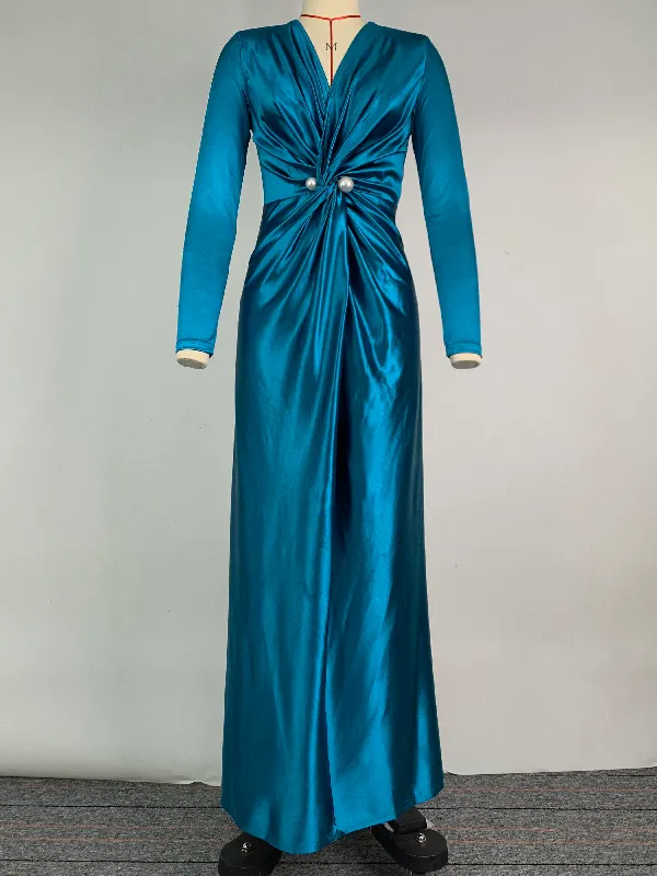Bodycon Long Sleeves Pleated Solid Color Tied Zipper Mock Neck Maxi Dresses