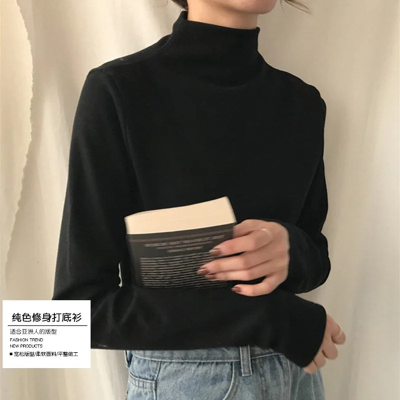 Long Sleeve T-shirts Turtleneck Solid 2020 Chic Elegant All-match Warm Thickening Slim Tops Fashion Casual Harajuku Clothes Tide