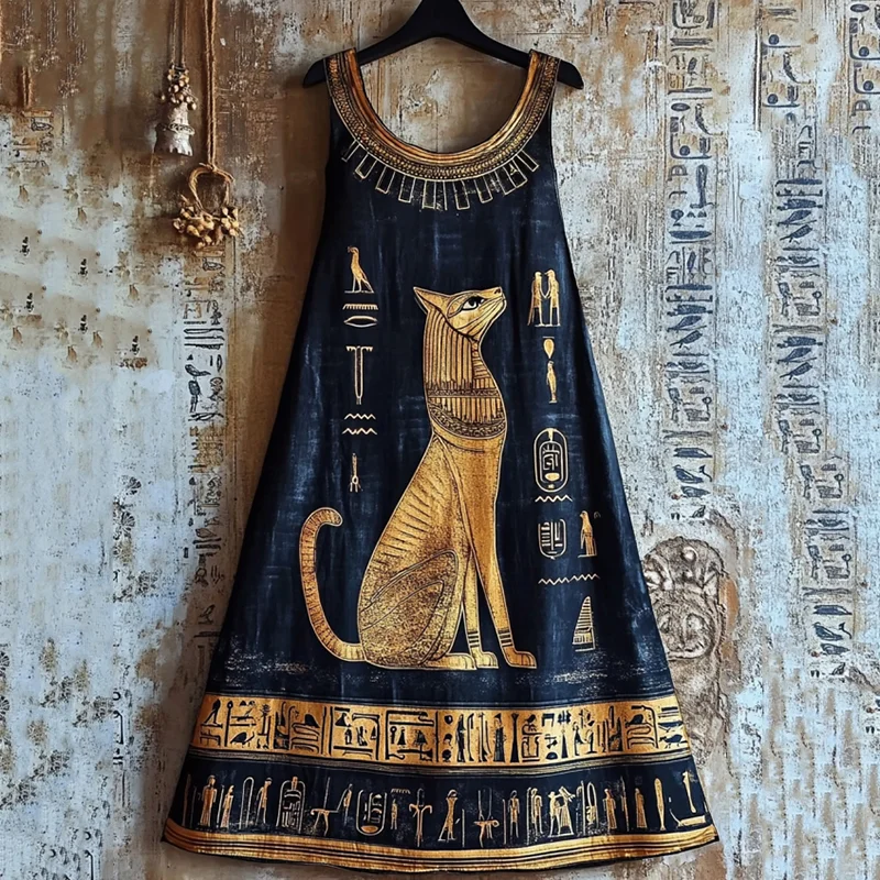 Vintage Ancient Egyptian Black Cat Graphics Linen Sleeveless Maxi Dress