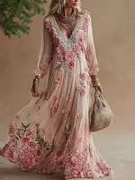 Vintage Boho Roses Lace Patchwork Flowy Linen Maxi Dress