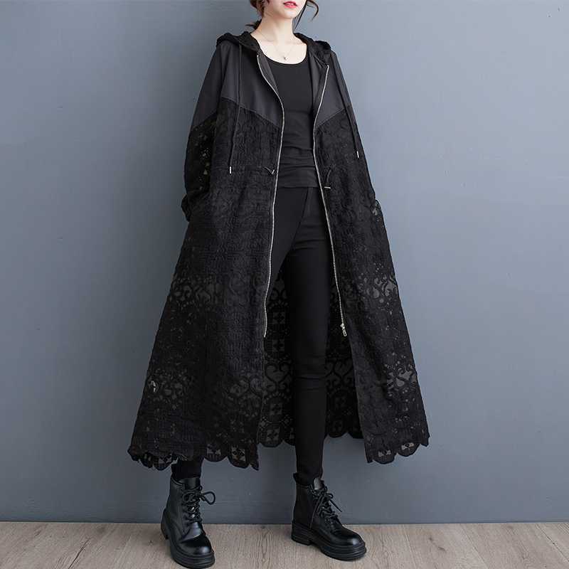 Casual Spliced Hollow Lace Hooded Trench Coat