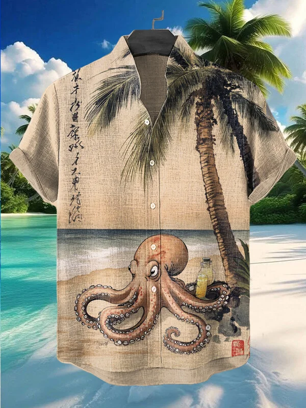 Men's An Octopus Is Drinking Juice Under A Palm Tree On The Beach Print Short Sleeve Shirt