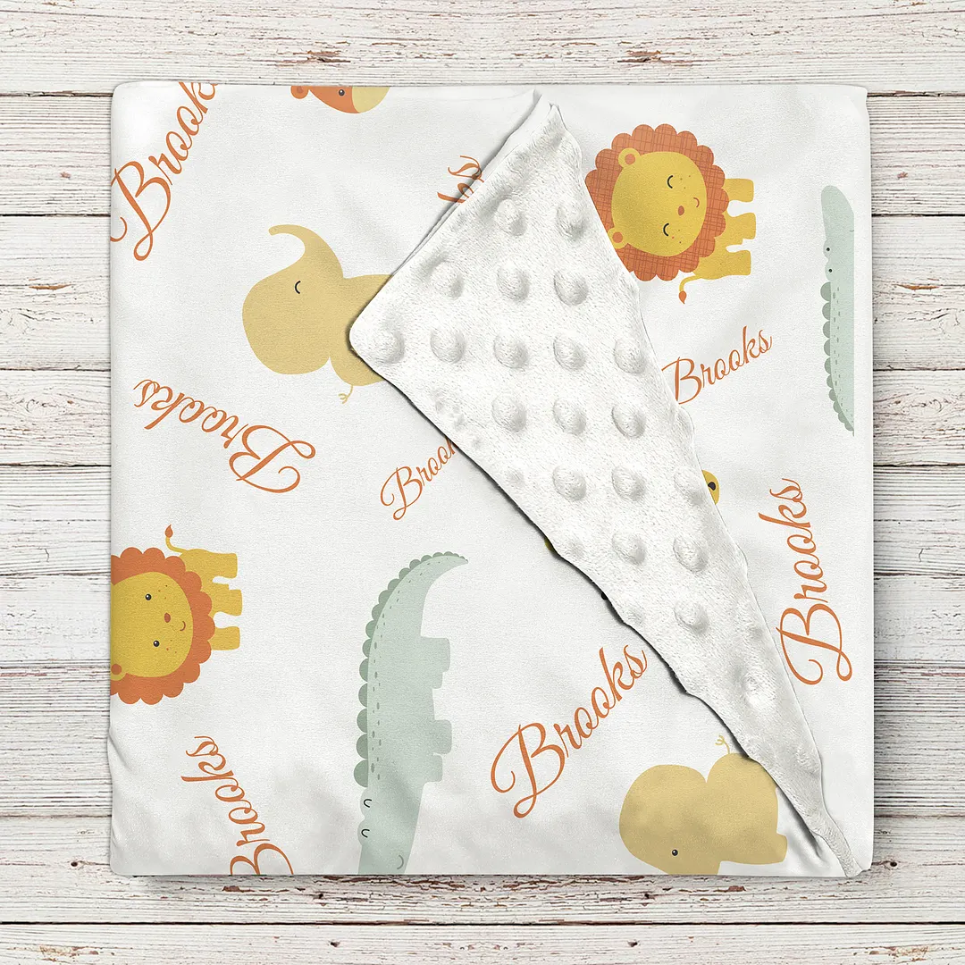 Lion & Elephant Personalized Baby Boy Name Blanket 