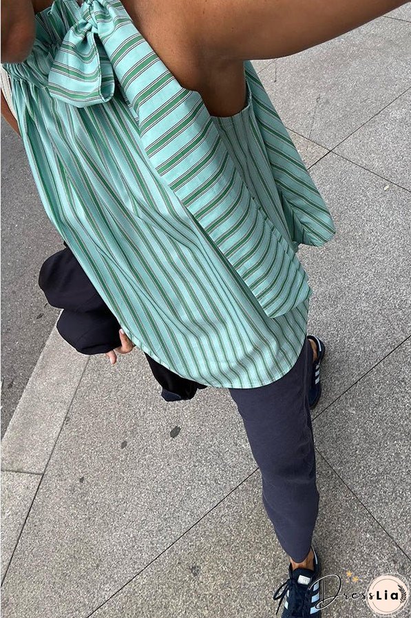 Casual Loose Ruffle Lace-up Collar Sleeveless Striped Top
