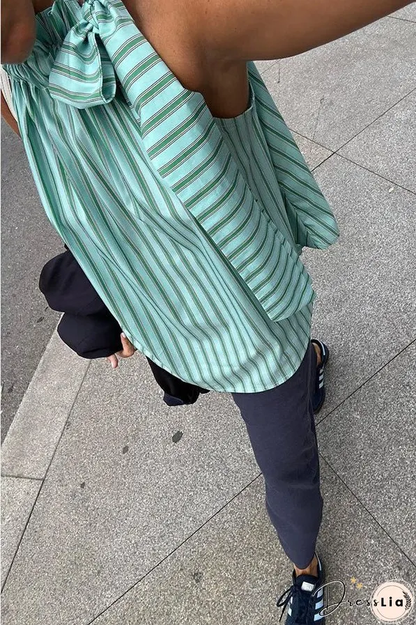 Casual Loose Ruffle Lace-up Collar Sleeveless Striped Top