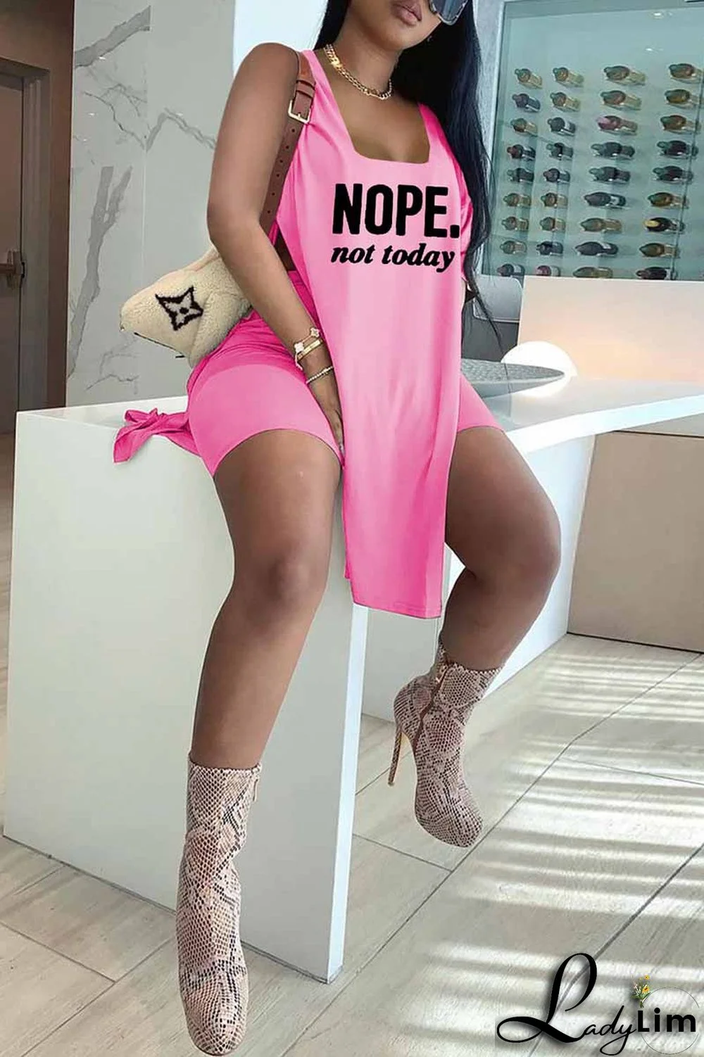 Red Fashion Casual Letter Print Slit U Neck Sleeveless Two Pieces