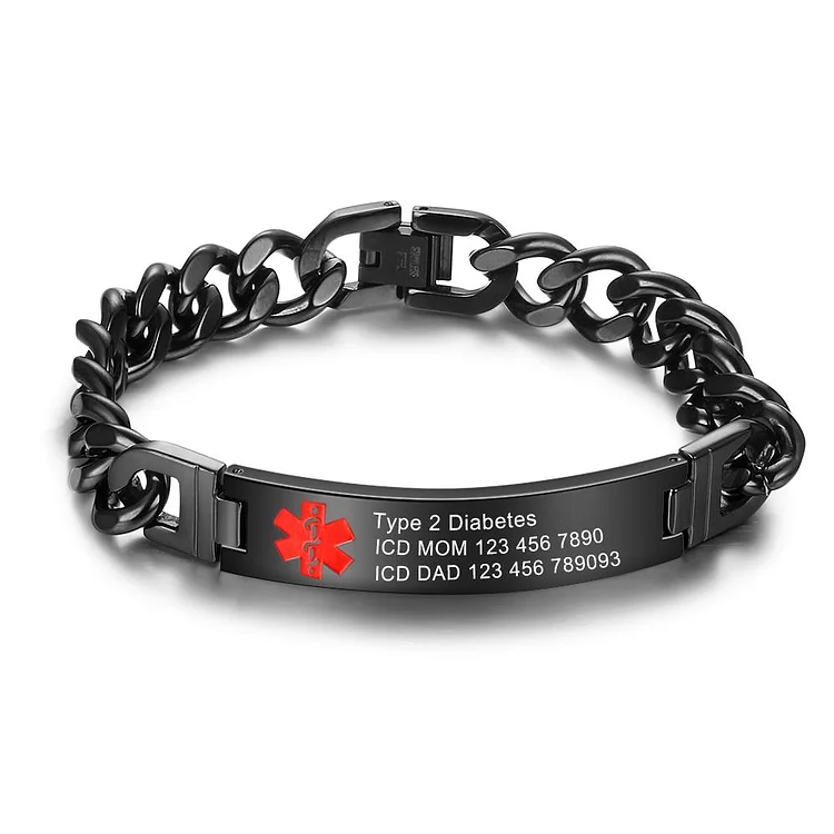 Life Alert Bracelet for Women Men Kids Engraved Chain Bracelet Black Personalized Emergency ID Bracelets