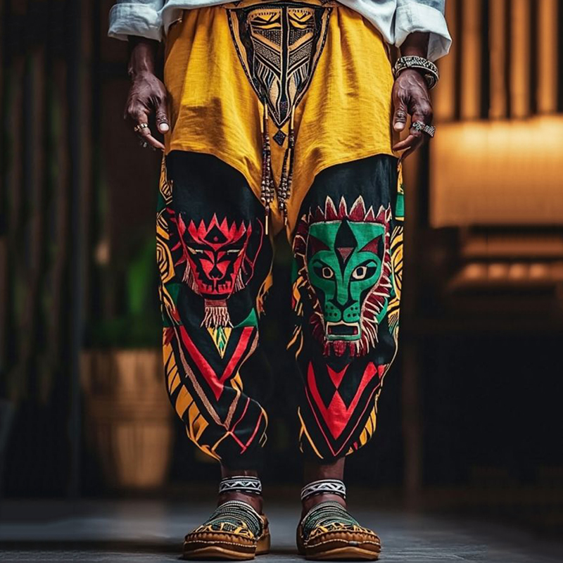 Men's African Mask Ethnic Linen Pants